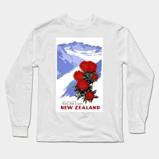 Vintage Travel Poster New Zealand Rata Blossom Franz Josef Glacier Long Sleeve T-Shirt